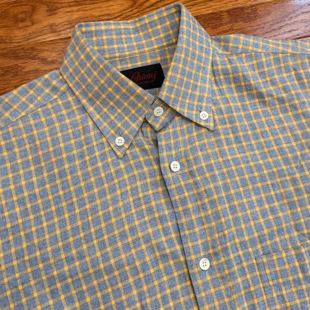 Brioni Sportswear Button-Down Shirt Mens Medium Blue Yellow Check Italy Luxury